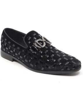 Metrocharm Men's Black Velvet Woven Pattern Loafers Gold Buckle Luxury Shoes
